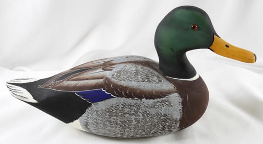 Lisa Byrd Hand-carved and painted wooden Mallard Drake duck decoy, logo initials carved,