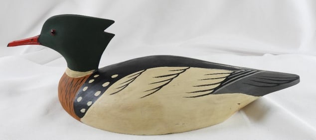George Bell Hand-carved and painted wooden duck decoy, signed/dated 2007 Red Breasted Merganser
