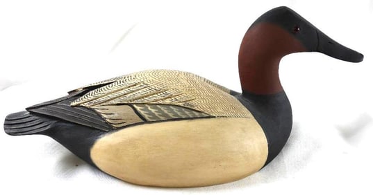 George Bell Hand-carved and painted wooden duck decoy, signed Canvasback