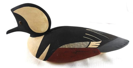 George Bell Hand-carved and painted wooden duck decoy, signed Hooded Merganser