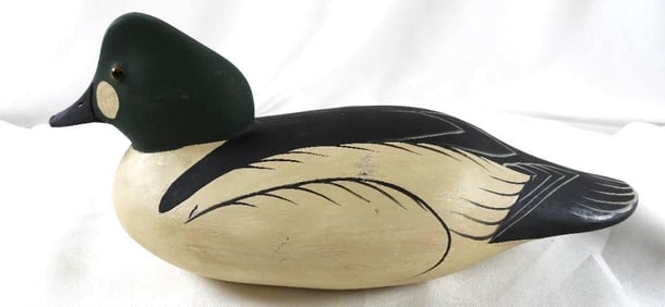 George Bell Hand-carved and painted wooden duck decoy, signed Goldeneye Drake