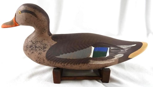 Captain Harry Jobes Hand-carved and painted wooden duck decoy, signed/dated 2007 Mallard