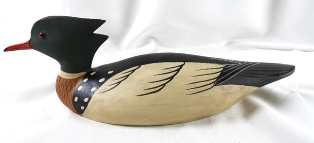 George Bell Hand-carved and painted wooden duck decoy, signed/dated 2007 Red Breasted Merganser