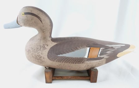 Captain Harry Jobes Hand-carved and painted wooden brown duck decoy , signed/dated 2007 Cinnamon