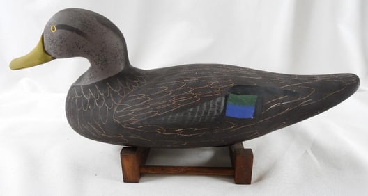 Captain Harry Jobes Hand-carved and painted wooden duck decoy, signed/dated 2007 Black duck Hen
