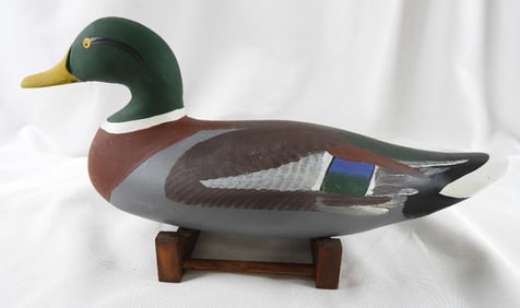 Captain Harry Jobes Hand-carved and painted wooden Mallard duck decoy , signed/dated 2007