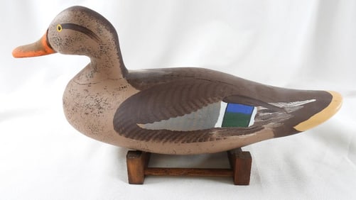 Captain Harry Jobes Hand-carved and painted wooden duck decoy, signed/dated 2007 Pintail