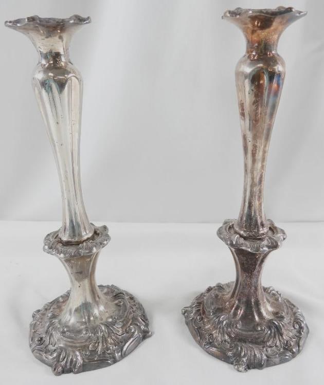 Pair of vintage ornate silver-plated 12" candlesticks: Pair of vintage ornate silver-plated 12" candlesticks with 5" diameter bases