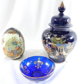 LOT OF 3 vintage items including Japanese cobalt jar and Satsuma Style Porcelain Bird/Floral Design