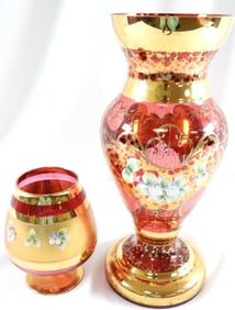 LOT OF 2 red/gold accent pieces including Czech Republic Crystal Glass vase