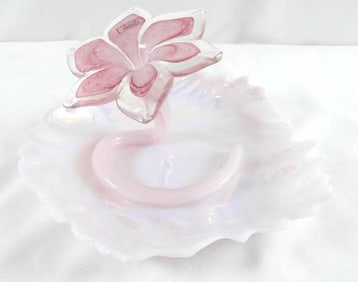 LOT OF 2 light pink glass items including Murano floral candlestick holder