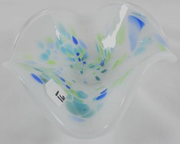 Vintage Murano art glass white opaque fan dish with a blue-green confetti splatter
