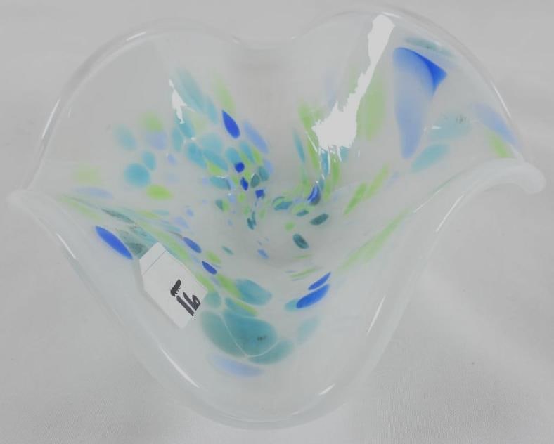 Vintage Murano art glass white opaque fan dish with a blue-green confetti splatter: Vintage Murano art glass white opaque fan dish with blue and green confetti , 7.25" diameter and 3" tall