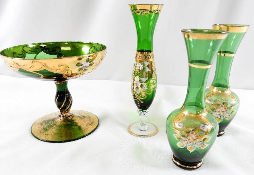 LOT OF 4 Vintage Italian Murano or Bohemian "Tre Fuochi" green hand-painted gold and floral glass va: LOT OF 4 Vintage Italian Murano or Bohemian "Tre Fuochi" green hand-painted gold and floral design glass vases and bowl, 2 vases 6" tall, 1 vase 7" tall and bowl has 6.25" diameter and 5.5" tall