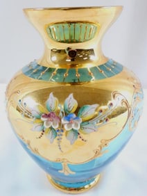 Murano or Bohemian glass vase with hand-painted floral designs and gold gilt accents