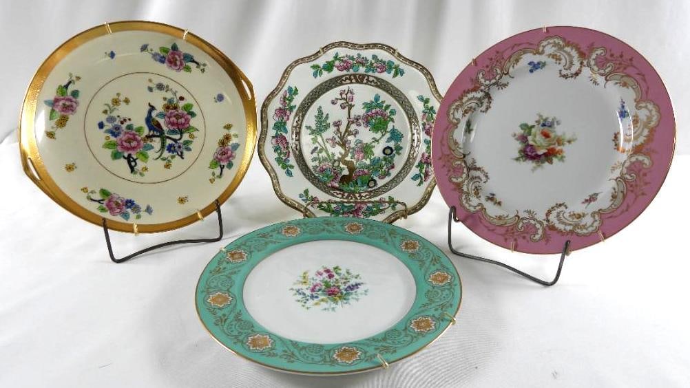 LOT OF 4 decorative plates including Original Engraving "Indian Tree" period 1801, A.D. 1758: LOT OF 4 decorative plates including Original Engraving Coleport "Indian Tree" period 1801, A.D. 1758, Pickard Etched China, Royal Bayreuth & Germany US zone, 10" to 11" diameter range