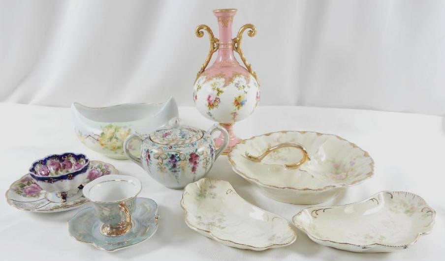 LOT Of 11 decorative dishes including one C.S. Miller 1915, and Alfred Meakin Ltd: LOT Of 11 decorative dishes including one C.S. Miller 1915 6.5" bowl, Royal Halsey tea cup/saucer set, Japanese blue tea cup/saucer set, Royal Daulton 9" vase, 5" floral creamer, 8" divider floral dis