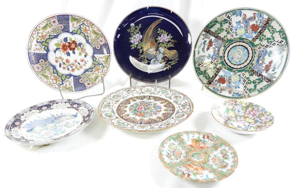 LOT OF 7 vintage decorative bird/floral plates from Hong Kong, China, etc.: LOT OF 7 vintage decorative bird/floral plates from Hong Kong and China, ranging in diameter from 5.75" to 11", see photos for designs and markings on backs, and one chip in plate