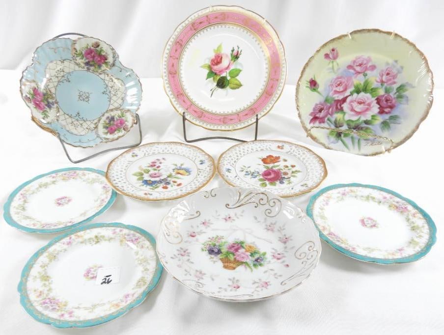 LOT OF 9 vintage decorative floral porcelain plates: LOT OF 9 vintage decorative floral porcelain plates, Imperial Crown china floral, Arabella, Bristol Garden, Lefton China KF 3753, and 1558 rose plate, ranging in diameter from 6" to 9", see photos for