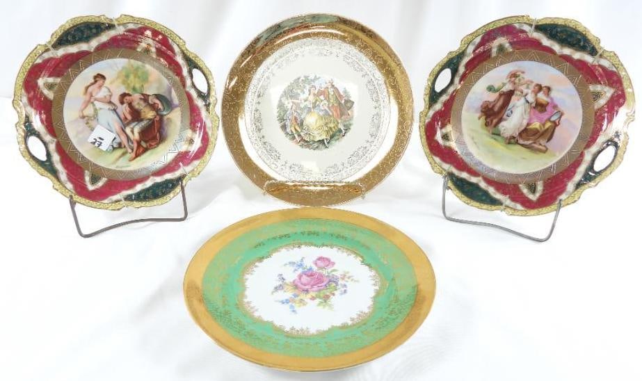 LOT OF 4 decorative plates including Bavaria, 22K Crest-O-Gold, etc.: LOT OF 4 decorative plates including Bavaria, 22K Crest-O-Gold, etc., 10" diameter, see photos for designs and markings on back