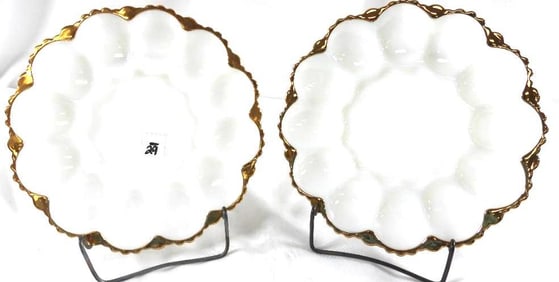 LOT OF 2 Vintage Anchor Hocking Fire-King milk glass deviled egg plates with gold trim