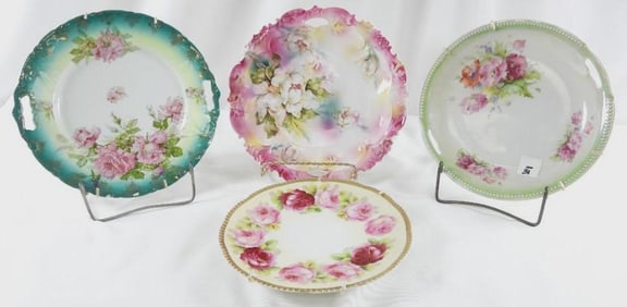 LOT OF 4 decorative floral plates including Prussia and Belleek