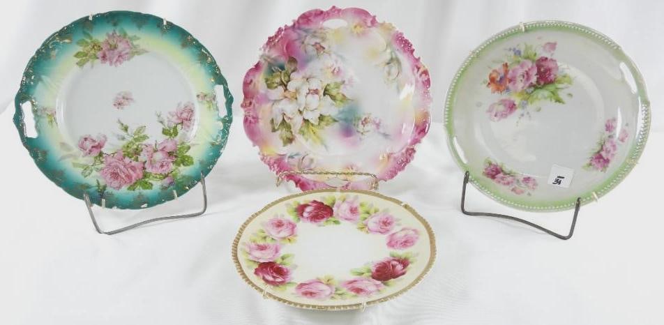 LOT OF 4 decorative floral plates including Prussia and Belleek: LOT OF 4 decorative floral plates including Prussia and Belleek, ranging from 8" to 10" in diameter, see photos for designs and markings on back
