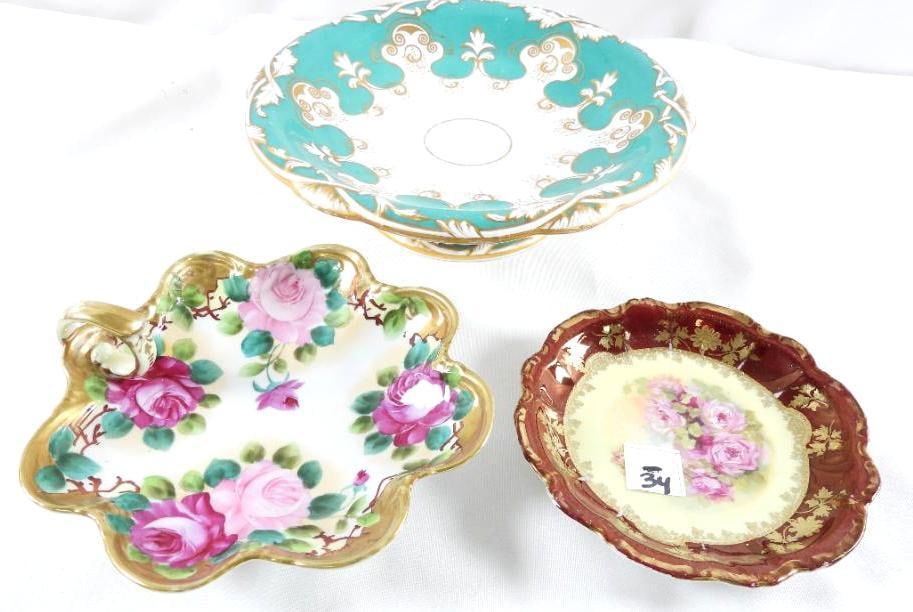 LOT OF 3 serving items including Bavaria and Davenport: LOT OF 3 serving items: Bavaria 6" floral plate, 7.5" rose pattern plate and Davenport stand 10" diameter and 2.75" tall