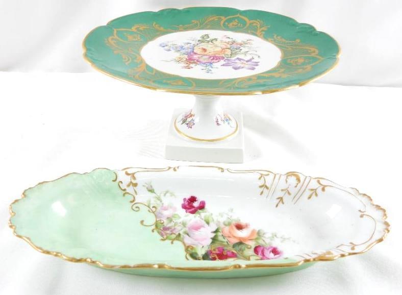 LOT OF 2 serving items: Limoges cake stand and long serving dish, CFH GDM France: LOT OF 2 serving items: Limoges cake stand, 5.5"T x 11" serving diameter and long serving dish, CFH GDM France, 12.5"L x 5"W