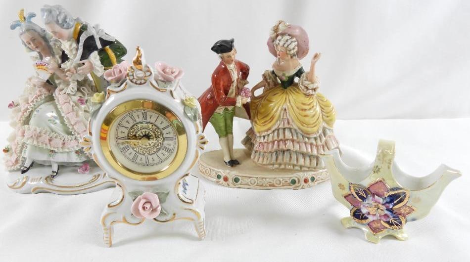LOT OF 4 porcelain including Dresdner and Erphila: LOT OF 4 porcelain including Dresdner and Erphila, see photos for imagines including baset, figurines and clock