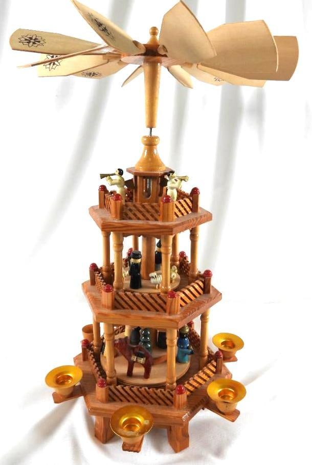 German Christmas Pyramid (Weihnachtspyramide), candleholder: German Christmas Pyramid (Weihnachtspyramide), candleholder, 18.5"T, 10"W, missing one candle holder top (see photos)