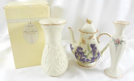 LOT OF 3 Lenox including Floral Meadow vase in box and teapot