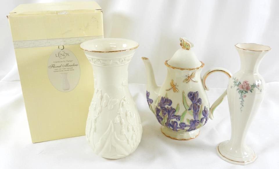 LOT OF 3 Lenox including Floral Meadow vase in box and teapot: LOT OF 3 Lenox including Floral Meadow vase in box, 8" tall budvase and 8" tall teapot
