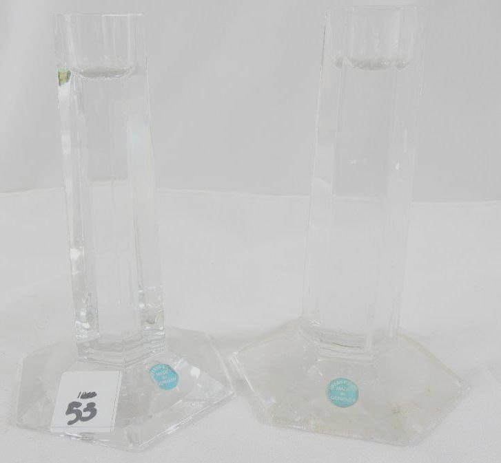 LOT OF 2 Tiffany CRYSTAL CANDLESTICKS: LOT OF 2 Tiffany CRYSTAL CANDLESTICKS with sticker logo, 6" tall and 4" wide bases. Excellent condition.