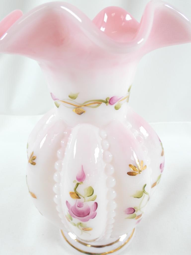 Fenton Rosalene hand painted Beaded Melon Vase, signed: Fenton Rosalene hand painted Beaded Melon Vase, signed 7.5" long, 4" wide, see photos for signature on bottom