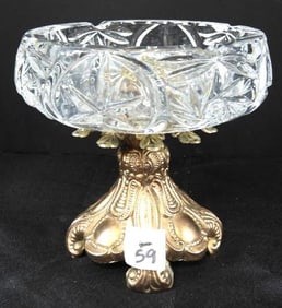 Vintage Heavy Victorian Crystal Glass and Bronze Brass Vase