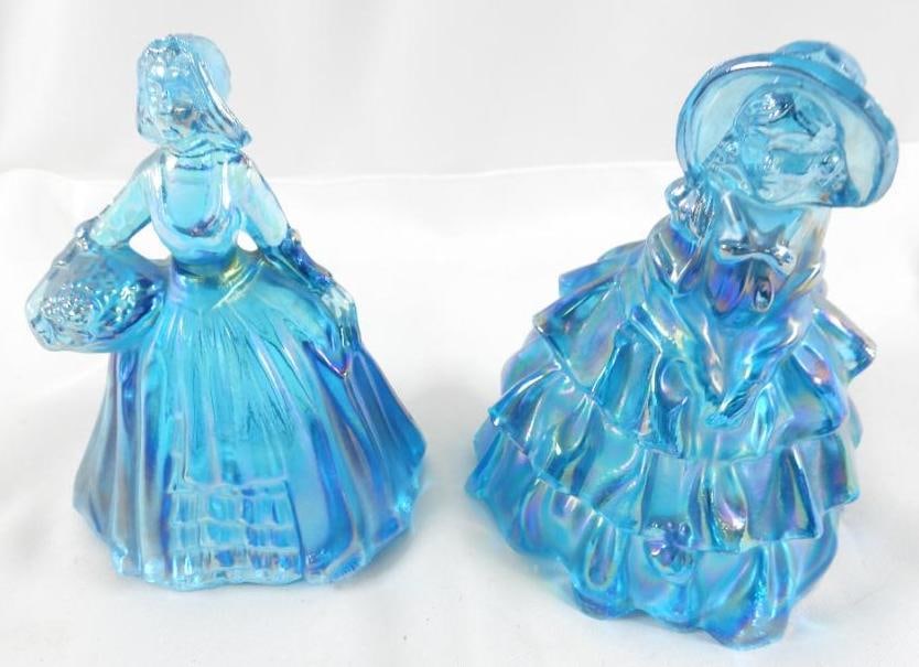 Pair of vintage Wheaton blue iridescent carnival Southern Belle figurines: Pair of vintage Wheaton blue iridescent carnival Southern Belle figurines, each 5.25" tall and 3.75" wide