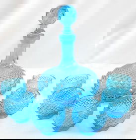 Vintage Italian Empoli blue glass decanter set ('genie bottle" set