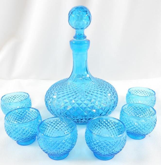 Vintage Italian Empoli blue glass decanter set ('genie bottle" set: Vintage Italian Empoli blue glass decanter set ("genie bottle" set) , 8.5"T x 5.5"W decanter and 6 2" diameter glasses