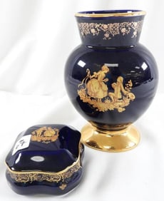 Limoges Castel porcelain vase and matching trinket box, both in cobalt blue with 22k gold gilt