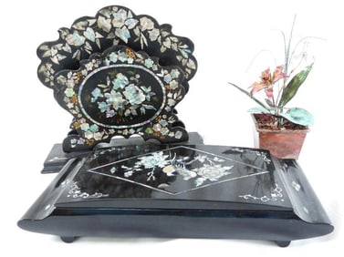 LOT OF 3 Victorian items including black lacquer letter holder and box and Bovana plant