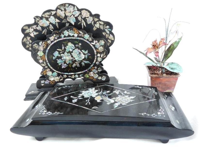 LOT OF 3 Victorian items including black lacquer letter holder and box and Bovana plant: LOT OF 3 Victorian items including black lacquer letter holder and box and Bovana metal plant