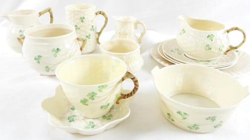 LOT OF 13 Belleek Shamrock fine Parian china set