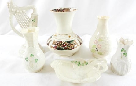 LOT OF 5: 4 Belleek Shamrock design, floral vase and Queen Meave vase
