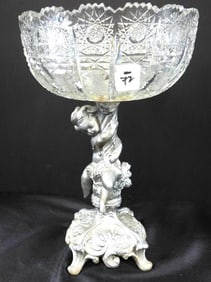 Cut Glass Ashtray/Bowl with metal cherub stand