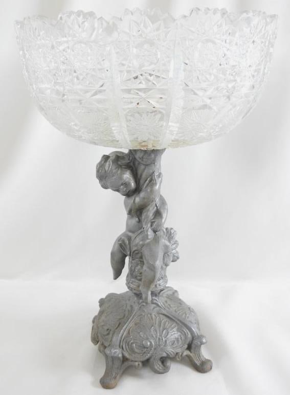 Cut Glass Ashtray/Bowl with metal cherub stand: Cut Glass Ashtray/Bowl with metal cherub stand, 12.5" tall and 8.25" diameter bowl