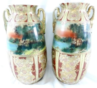 Pair of large Japanese Satsuma ware vases with crackled glass and hand-painted decoration