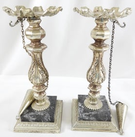 Pair of Vintage Ornate metal candle holders with marble bases and snuffers