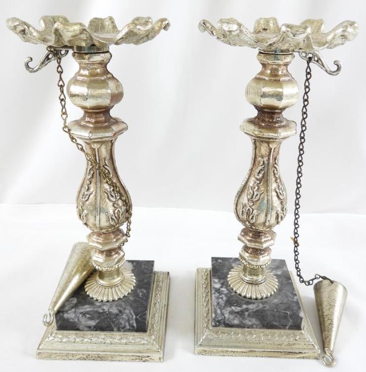 Pair of Vintage Ornate metal candle holders with marble bases and snuffers: Pair of Vintage Ornate metal candle holders with marble bases and snuffers, each 10" tall with a 4" wide base