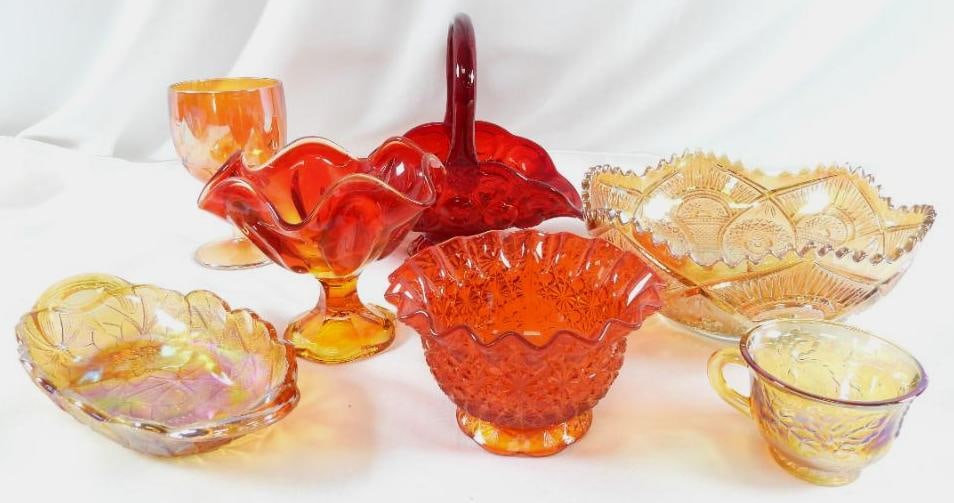 LOT OF 7 Vintage Red and Marigold Carnival/Depression Glass set: LOT OF 7 Vintage Red and Marigold Carnival/Depression Glass set, great for the upcoming fall/holiday season, see photos for designs/items